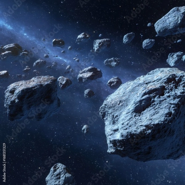 Fototapeta Asteroid field in deep space with stars and nebula cosmic scene science fiction concept