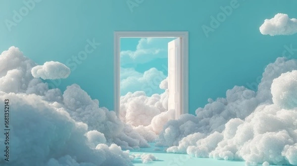 Fototapeta Open Doorway to Sky and Clouds Surreal Dreamscape Concept Studio Shot with Light Blue Wall and Floor Dreamy and Ethereal