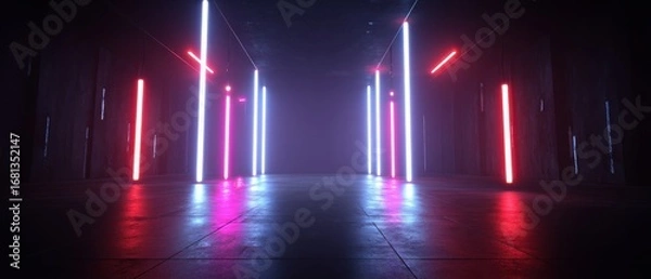 Fototapeta Abstract Neon Light Installation in Dark Concrete Room Perspective Futuristic Design Interior