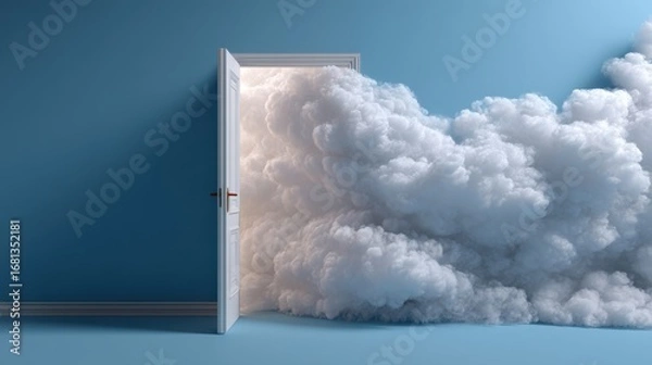 Fototapeta Open Doorway with Cloudscape Filling Room in Studio Setting with Blue Walls and Floor Dreamlike Illusion