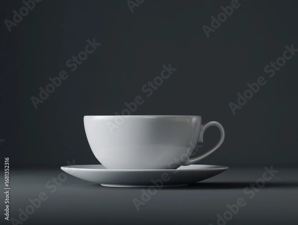 Fototapeta Minimalist White Coffee Cup and Saucer Still Life on Dark Gray Background Studio Shot Simplicity