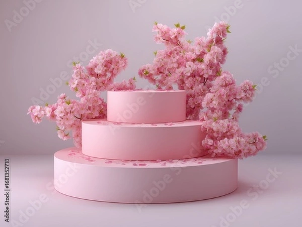 Fototapeta Pink podium display with cherry blossoms minimalist studio shot for product presentation and spring promotion pastel background