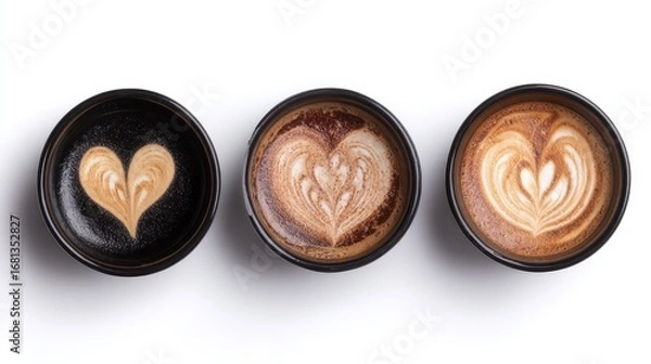 Fototapeta Three Cups of Coffee with Heart Latte Art from Above on White Background in Studio Lighting
