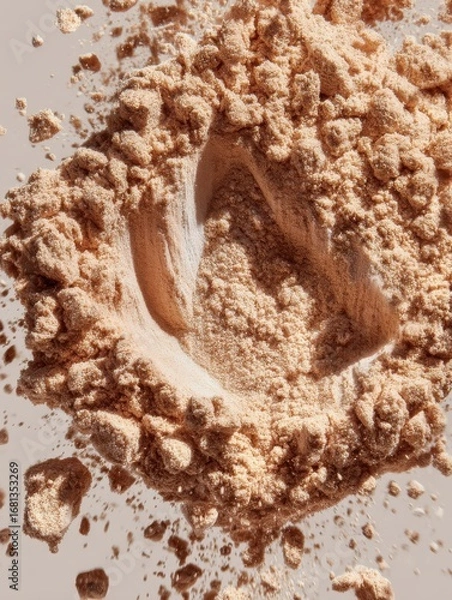 Fototapeta Beige Powder Close-Up Shot with a Fingerprint Impression and Flying Particles in Studio Lighting for Beauty and Cosmetics