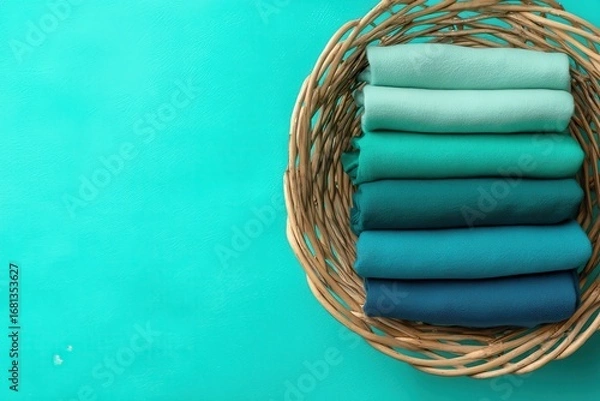 Fototapeta Folded fabric in basket on turquoise background studio shot from above showcasing shades of teal and turquoise hues for textiles and crafts