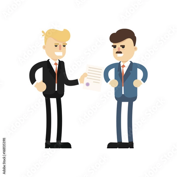 Fototapeta Business meeting concept with smiling businessmen icon. Business teamwork and project realization vector illustration in flat design.