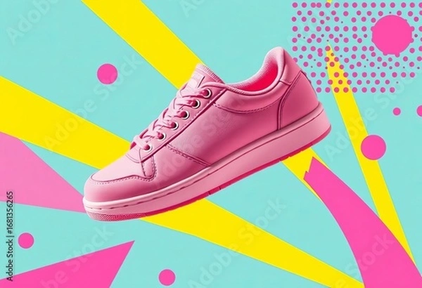 Fototapeta Pink sneaker floats on bold geometric lines and dots; Memphis style collage, vibrant, abstract art