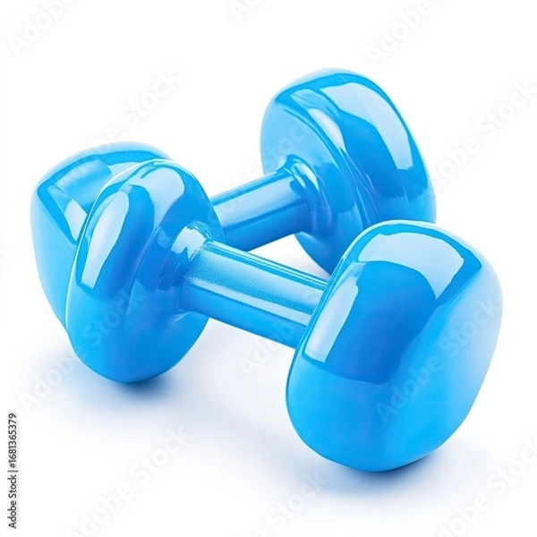 Obraz Pair of bright blue dumbbells isolated on white.  Two glossy,  smooth-surfaced dumbbells,  a vibrant shade of azure, are angled slightly.  Their ends are tapered