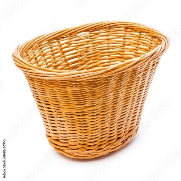 Fototapeta Oval wicker basket, light tan color, empty, isolated on white background