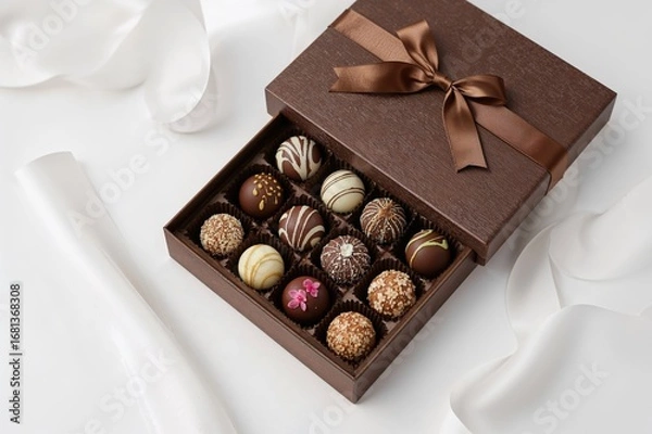 Fototapeta Opened present box filled with assorted handmade chocolate bonbons. Contemporary hand-decorated chocolate sweets. Concept for a chocolate maker