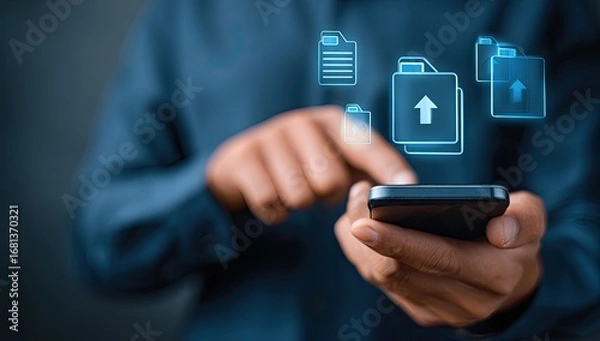 Fototapeta Person uploading documents to phone