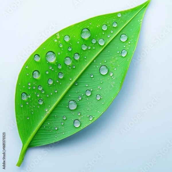 Fototapeta Close-up of a vibrant green leaf,  adorned with glistening water droplets