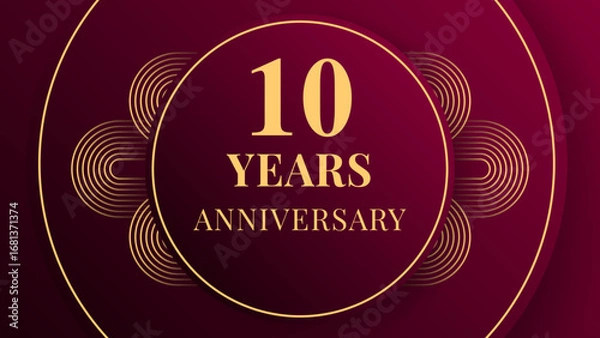 Fototapeta Vintage anniversary banner in burgundy gradient with golden contours, circular frame, and elegant shadows. Classic decorative design for 10 years celebration or festive event.