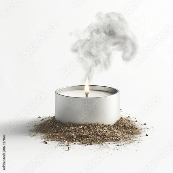 Obraz A round, metallic gray candle sits atop a small mound of brown, granular material.  Smoke rises from the lit candle