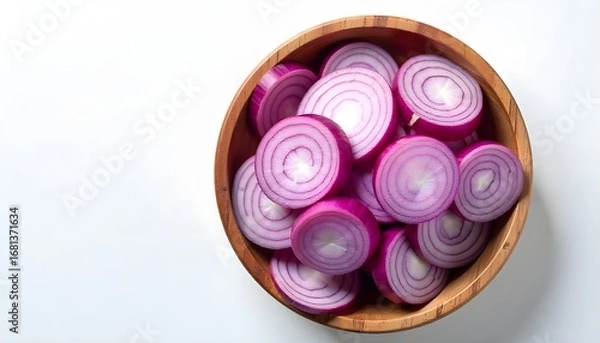 Fototapeta Overhead shot of thinly sliced red onions arranged in a rustic wooden bowl, set against a stark white background. The lighting is bright and even, highlighting the vibrant purple hues of the onions