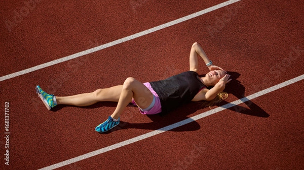 Fototapeta Tired athlete taking a break on the track following a demanding workout in the sun. Concept of post-finish exhaustion, breathing recovery, energy depletion, and perseverance in competition.