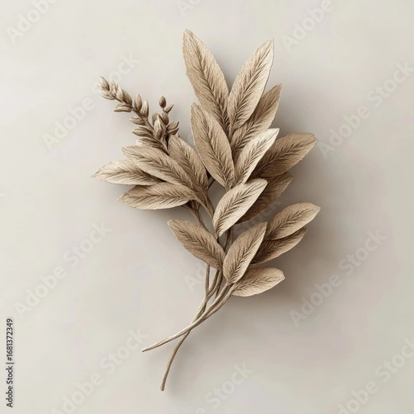 Obraz Beige botanical arrangement.  Delicate, sculpted leaves and small blossoms.  Elegant, minimalist aesthetic