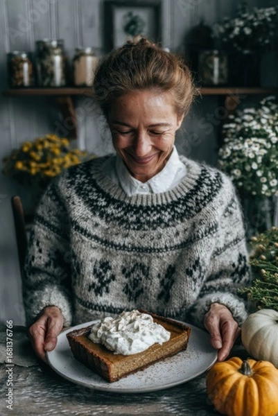 Fototapeta A woman sits at a rustic table in a cozy kitchen, smiling as she holds a slice of pumpkin dessert topped with whipped cream. Autumn decor enhances the warm atmosphere