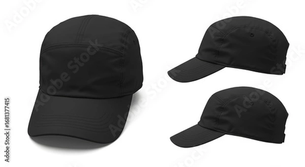 Fototapeta Plain Black Baseball Caps in Multiple Angles Isolated on White Background. Versatile Sports and Casual Headwear for Design and Apparel Mockups.