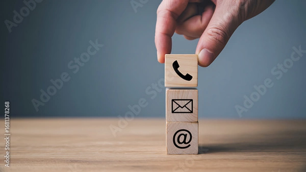 Fototapeta Hand stacking wooden blocks with contact icons phone email at symbol for communication illustration