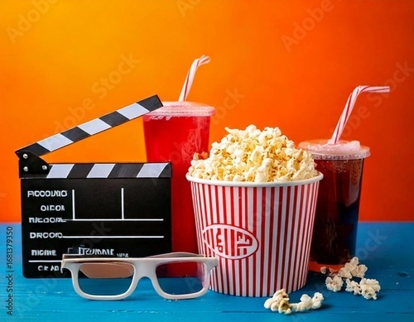 Obraz Tasty popcorn in buckets and cold cola drinks with cinema tickets, movie clapper and