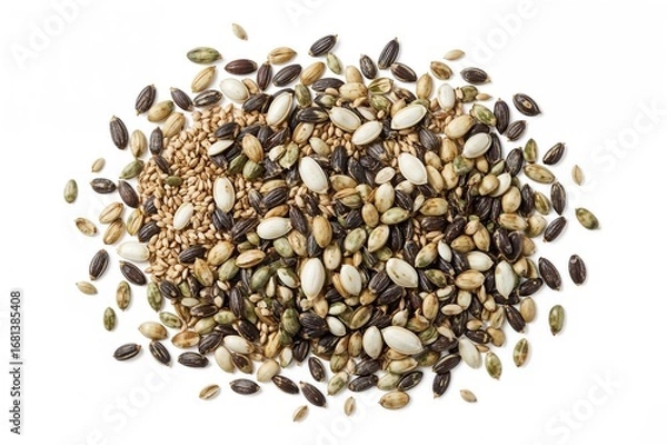 Fototapeta Top view of a heap of mixed seeds including sunflower, sesame, linseed, and pumpkin on a white background