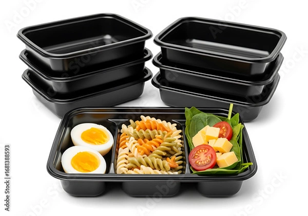 Fototapeta Meal prep containers with food isolated on white background