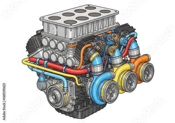 Fototapeta Detailed v8 engine with turbochargers isolated on white background