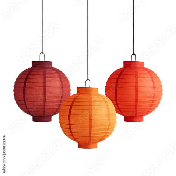 Fototapeta Three round paper lanterns in varying shades of orange and red hang from black cords