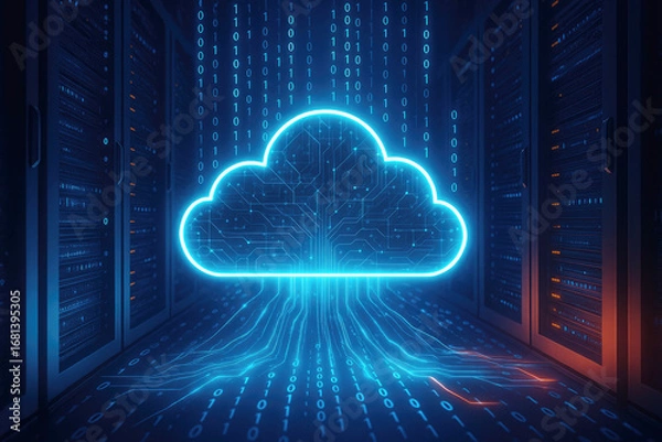 Obraz Neon blue cloud icon with binary code streams in a server room cloud computing data