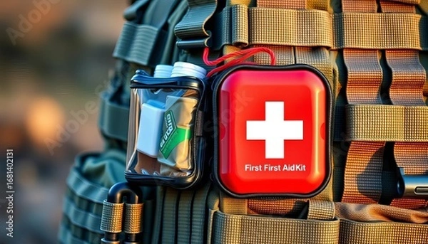 Fototapeta Compact first aid kit securely fastened to military-style backpack's MOLLE webbing, army,  antiseptic