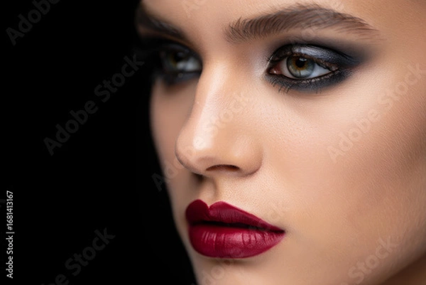 Obraz Close-up Profile of Woman with Dramatic Smoky Eye Makeup and Deep Red Lipstick, Elegant and Mysterious Beauty Shot.