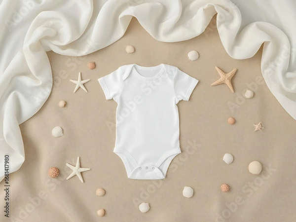 Fototapeta Blank baby onesie, bodysuit mockup, pregnancy announcement background, baby onesie summer flat-lay with seashells and star fish, Mediterranean chic, tropical theme. Neutral palette flatlay.