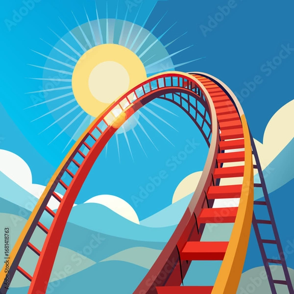 Obraz Roller coaster track ascending towards the sun on a bright summer day