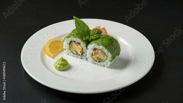Fototapeta Sushi roll with avocado and vegetables served with wasabi, pickled ginger, and lemon on a white plate over a black background