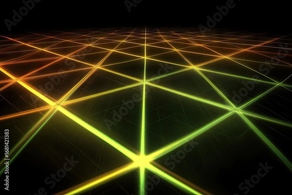 Fototapeta A dark, grid-like plane extending to a vanishing point, illuminated by glowing, intersecting lines of yellow-green and orange light, creating a futuristic, possibly digital, landscape