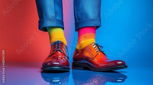 Fototapeta Colorful socks and shiny shoes stand out against a vivid background, highlighting a playful style