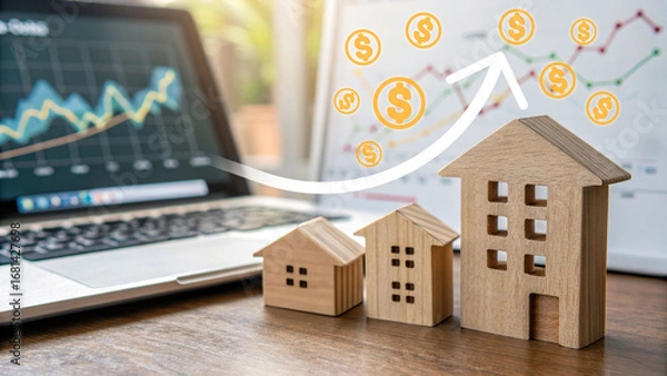 Fototapeta Wooden house models with financial graph on laptop screen and rising arrow with dollar symbols, representing real estate investment growth, property market success, and financial planning concept.