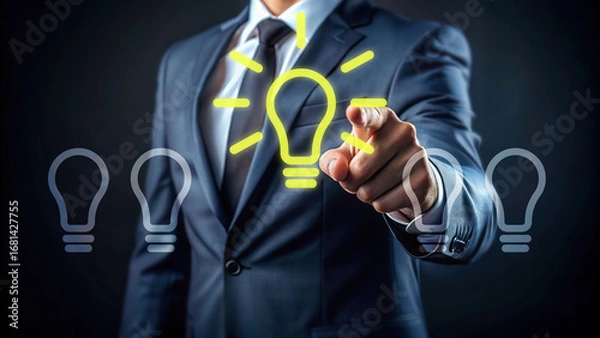 Fototapeta A businessman in a formal suit pointing at a glowing light bulb icon among dim ones, symbolizing innovation, idea generation, leadership, and creativity in business technology concept.