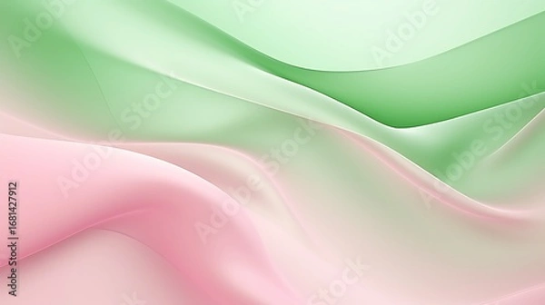 Fototapeta A light green to soft pink gradient with delicate flowing waves of color, realistic lighting effects adding depth and dimension, creating a fluid, airy atmosphere, full-frame,