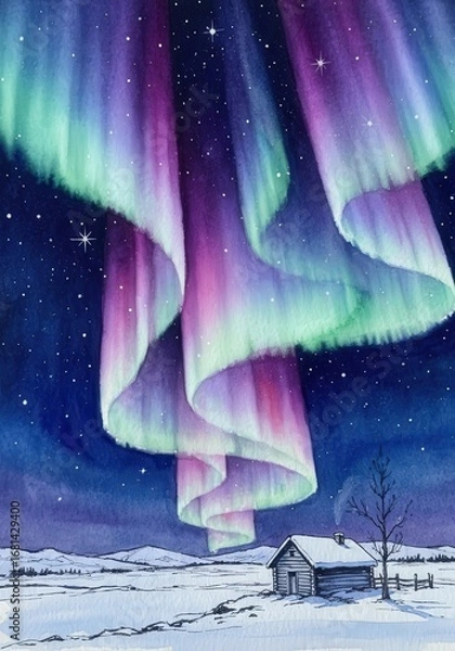 Fototapeta Watercolor painting of aurora borealis over snowy landscape with small cabin under a starry sky