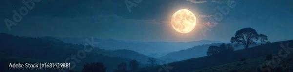 Fototapeta Mystical full moon glowing over a serene landscape, casting an ethereal light on rolling hills and distant trees Perfect for astrology, spirituality, and nature themes , sky, dark