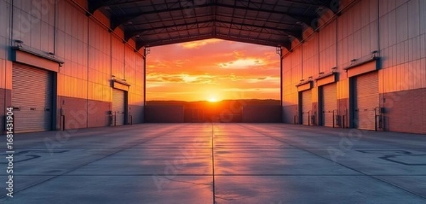 Fototapeta Sunset illuminates empty warehouse; large metal shutter doors, expansive paved area leading to horizon,  empty space,  exterior