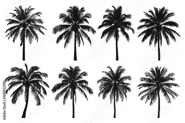 Fototapeta Collection of palm tree vector silhouettes on a white backdrop