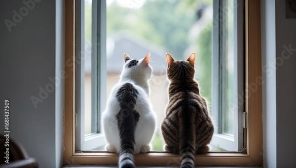 Fototapeta Pair of cats observing from inside the window
