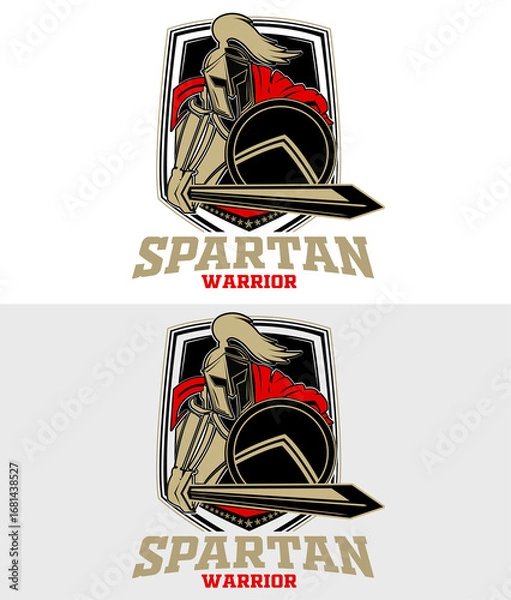Fototapeta Modern spartan warrior with holding a shield and sword logo design perfect for apparel or branding. Vector Illustration design.