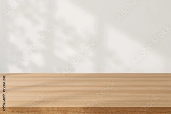 Fototapeta Wooden tabletop with a soft-focused riverside backdrop
