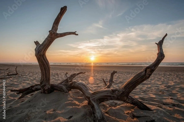 Fototapeta A peaceful evening glow over a sandy shore, bordered by aged driftwood, with the sun spreading a gentle light across the horizon and the sky tinted with delicate pastel colors.