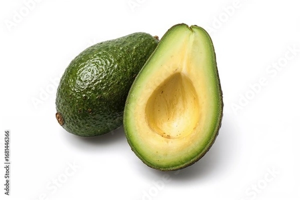 Fototapeta Entire and halved avocado on a white background