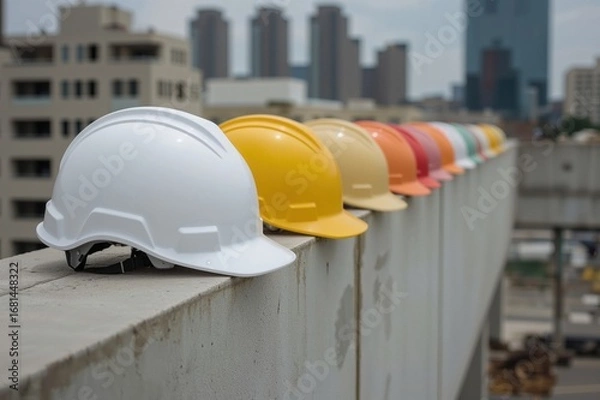 Fototapeta Various colored safety helmets worn by engineers and workers on construction site walls
